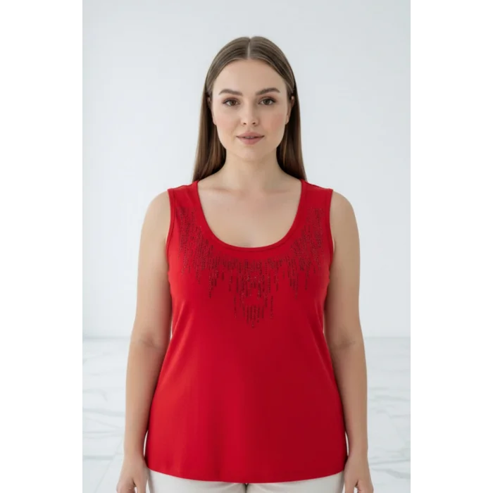 Kadın Kırmızı U Yaka Büyük Beden Yakası Taş İşlemeli Likralı Buluz