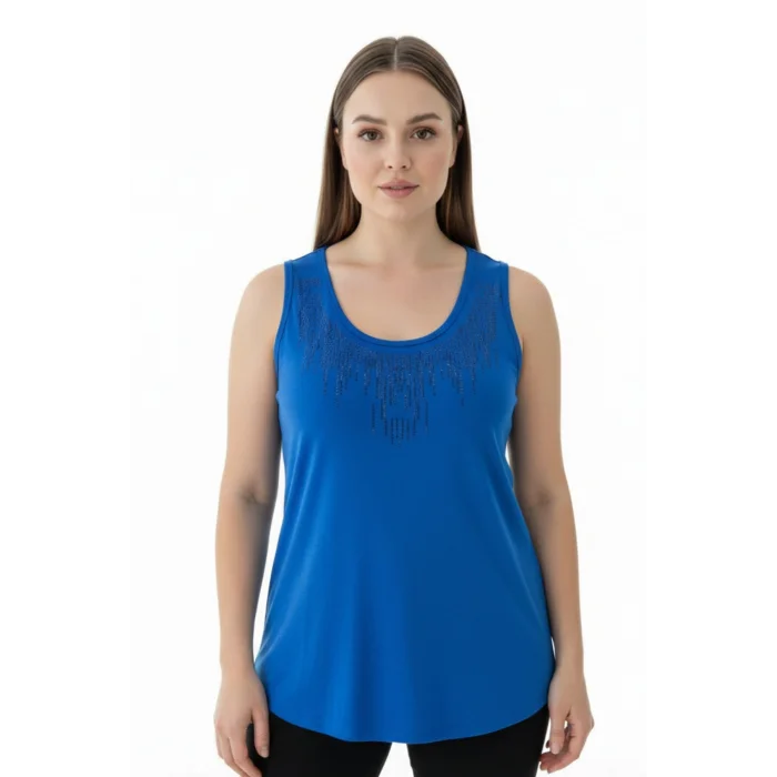 Kadın Mavi Bisiklet Yaka Büyük Beden Yakası Taş İşlemeli Likralı Buluz