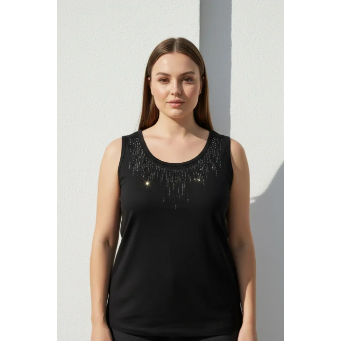 Kadın Siyah Bisiklet Yaka Büyük Beden Yakası Taş İşlemeli Likralı Buluz