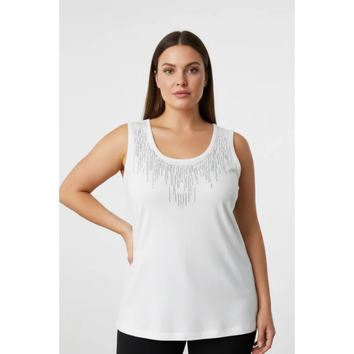 Kadın BEYAZ Bisiklet Yaka Büyük Beden Yakası Taş İşlemeli Likralı Buluz