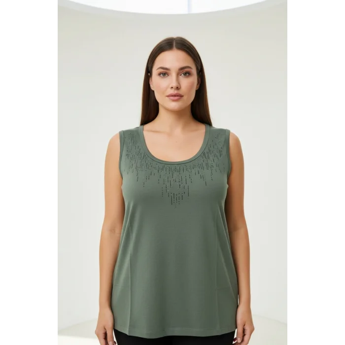 Kadın HAKİ YEŞİL Bisiklet Yaka Büyük Beden Yakası Taş İşlemeli Likralı Buluz