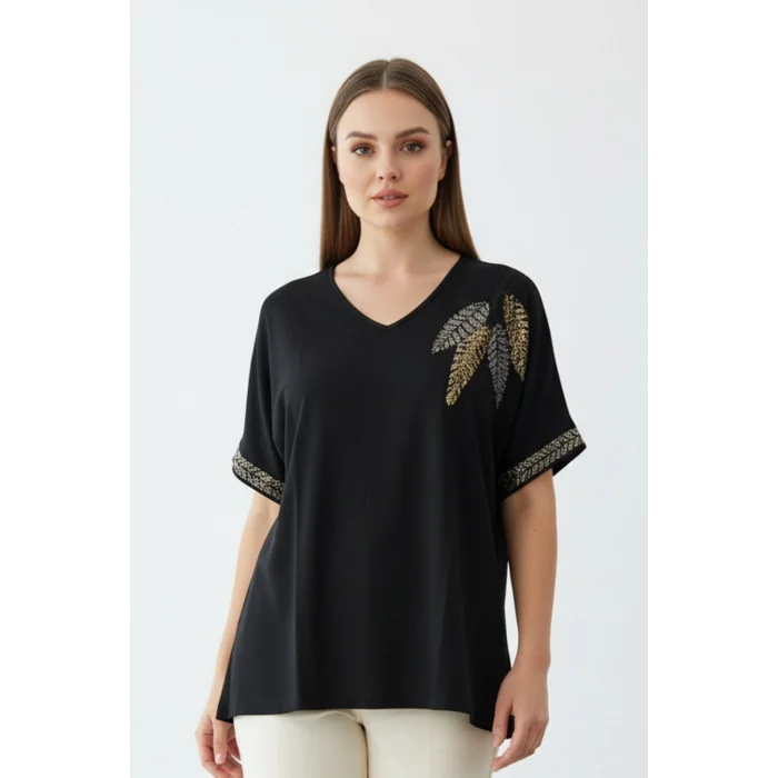 Kadın Siyah V Vaka Göğsü 3 Yaprak Kırıistal Taşlı Likralı Kısa Kol Bluz