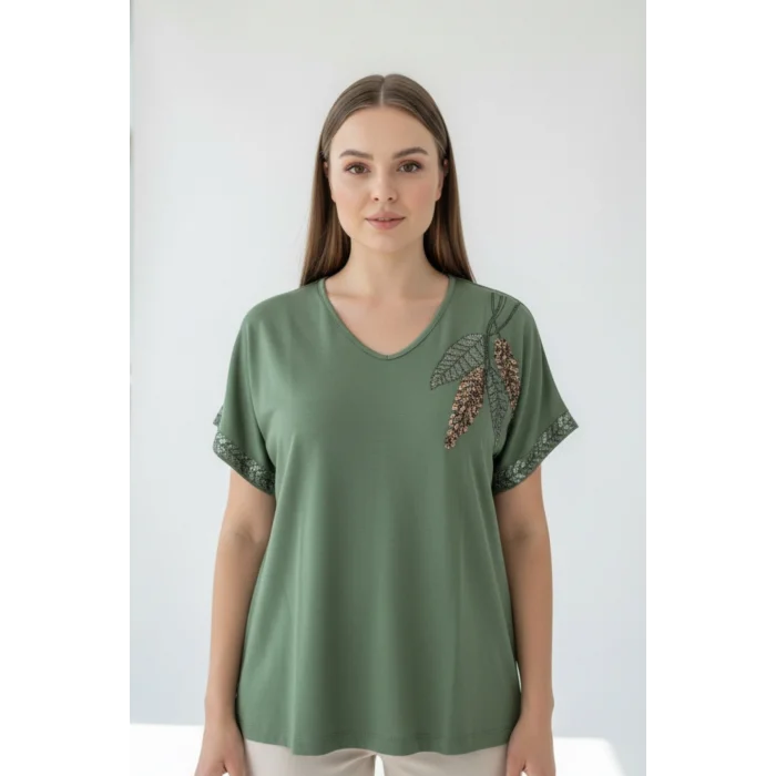 Kadın YEŞİL V Vaka Göğsü 3 Yaprak Kırıistal Taşlı Likralı Kısa Kol Bluz