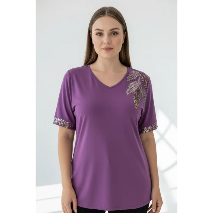 Kadın MOR V  Vaka Göğsü 3 Yaprak Kırıistal Taşlı Likralı Kısa Kol Bluz