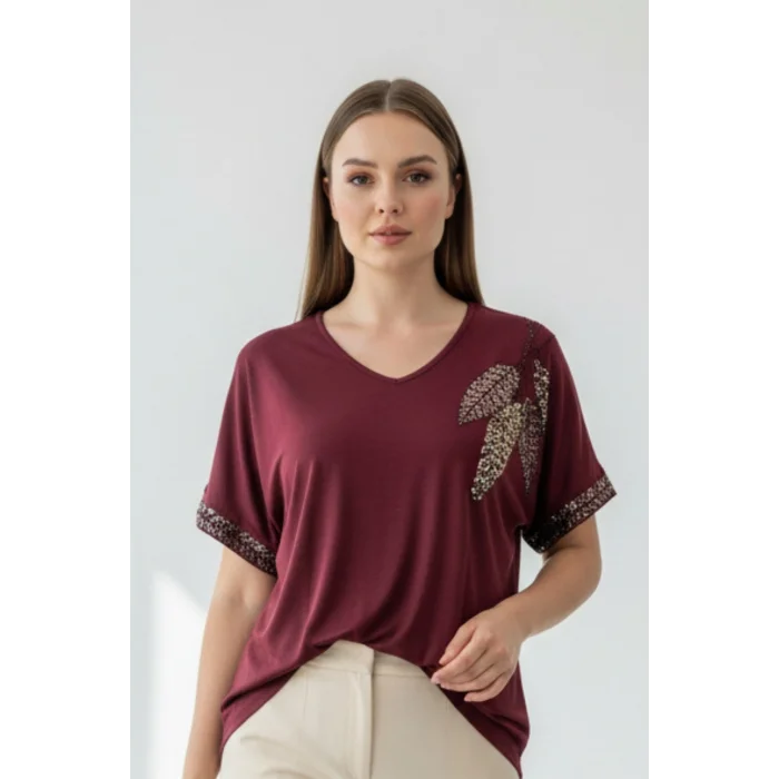 Kadın KİREMİT V Vaka Göğsü 3 Yaprak Kırıistal Taşlı Likralı Kısa Kol Bluz