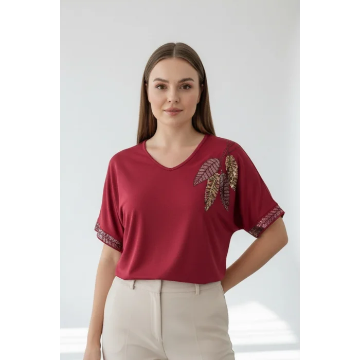 Kadın BORDO V Vaka Göğsü 3 Yaprak Kırıistal Taşlı Likralı Kısa Kol Bluz