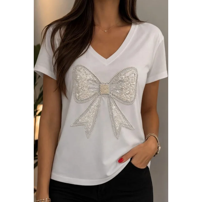 Kadın BEYAZ  V Yaka Önü Fiyonk İşlemeli % 100 Pamuk Penye Kumaş Kısa Kol Bluz