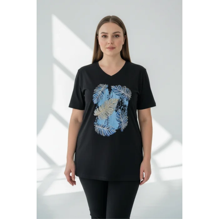 Kadın SİYAH V Yaka Önü Yaprak İşlemeli % 100 Pamuk Penye Kumaş Kısa Kol Bluz