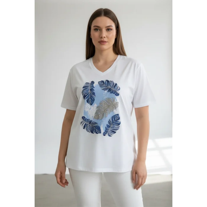 Kadın BEYAZ V Yaka Önü Yaprak İşlemeli % 100 Pamuk Penye Kumaş Kısa Kol Bluz