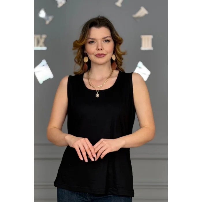 Kadın SİYAH U Yaka Kalın Askılı Likralı Pamuk Viskon Penye Bluz.