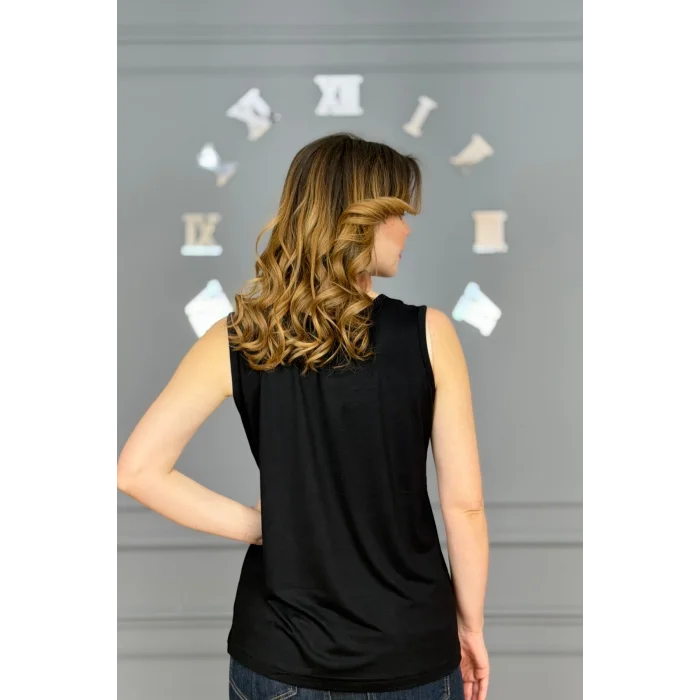 Kadın SİYAH U Yaka Kalın Askılı Likralı Pamuk Viskon Penye Bluz.