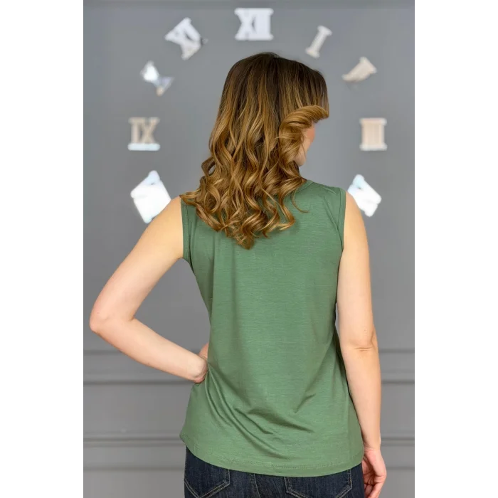 Kadın HAKİ YEŞİL  U Yaka Kalın Askılı Likralı Pamuk Viskon Penye Bluz.