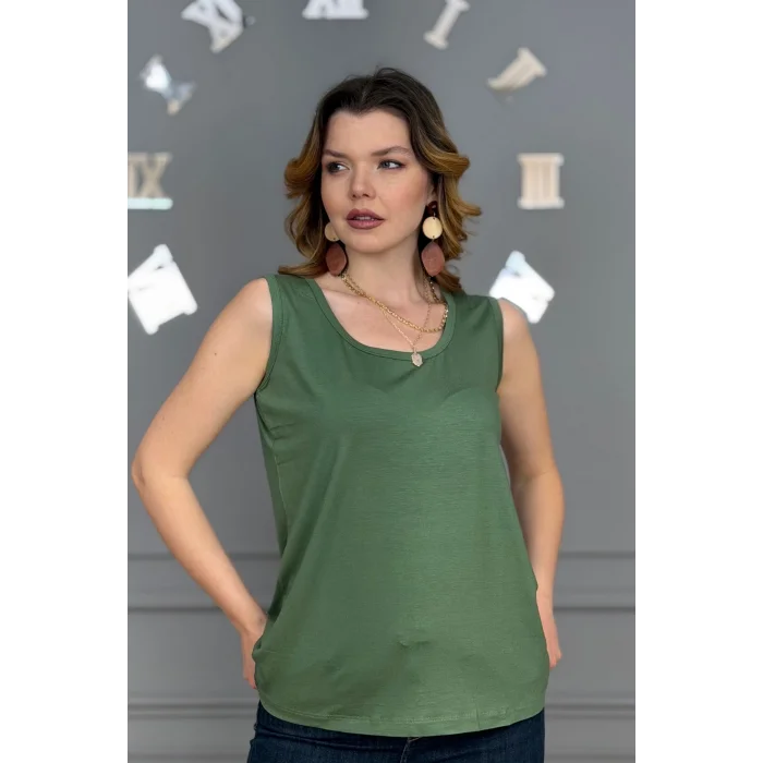 Kadın HAKİ YEŞİL  U Yaka Kalın Askılı Likralı Pamuk Viskon Penye Bluz.