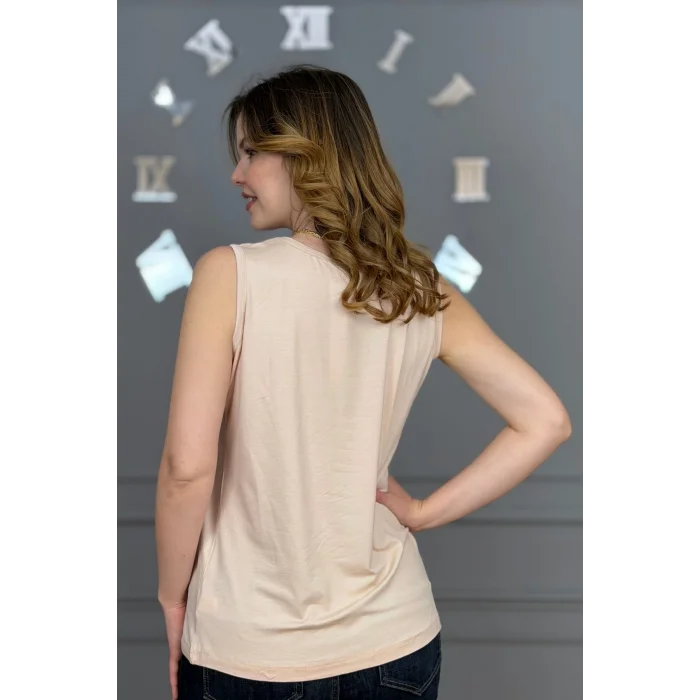 Kadın BEJ U Yaka Kalın Askılı Likralı Pamuk Viskon Penye Bluz.