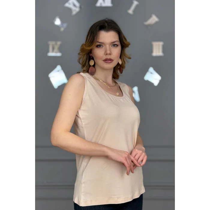 Kadın BEJ U Yaka Kalın Askılı Likralı Pamuk Viskon Penye Bluz.