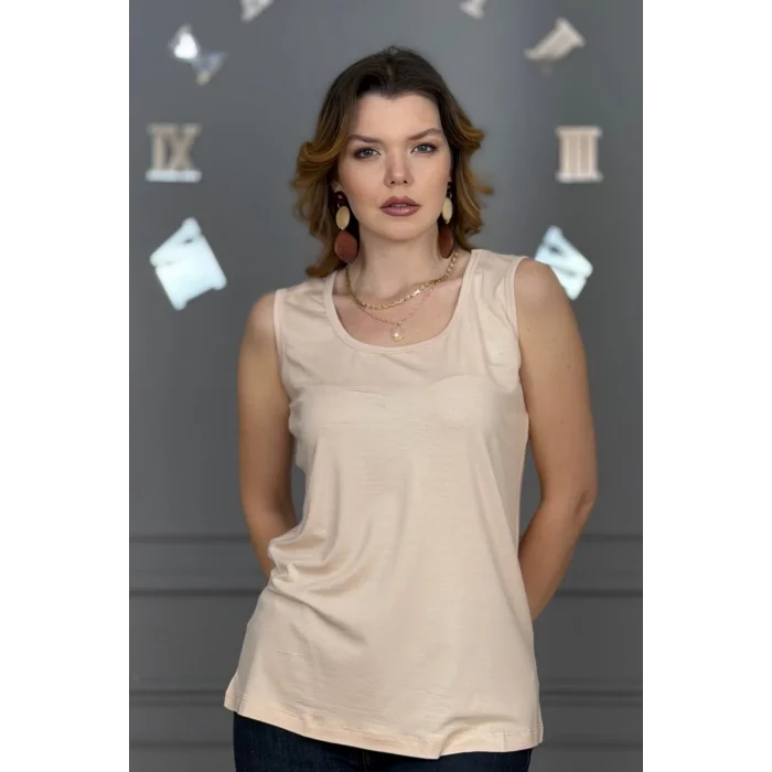 Kadın BEJ U Yaka Kalın Askılı Likralı Pamuk Viskon Penye Bluz.