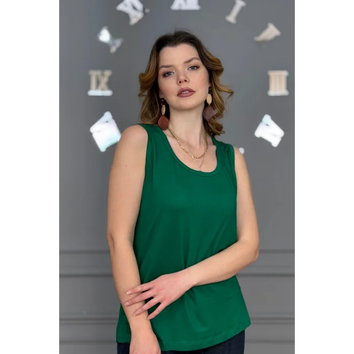 Kadın YEŞİL U Yaka Kalın Askılı Likralı Pamuk Viskon Penye Bluz.