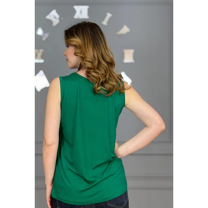 Kadın YEŞİL U Yaka Kalın Askılı Likralı Pamuk Viskon Penye Bluz.