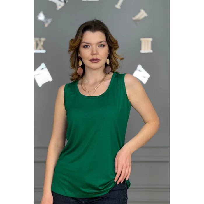 Kadın YEŞİL U Yaka Kalın Askılı Likralı Pamuk Viskon Penye Bluz.