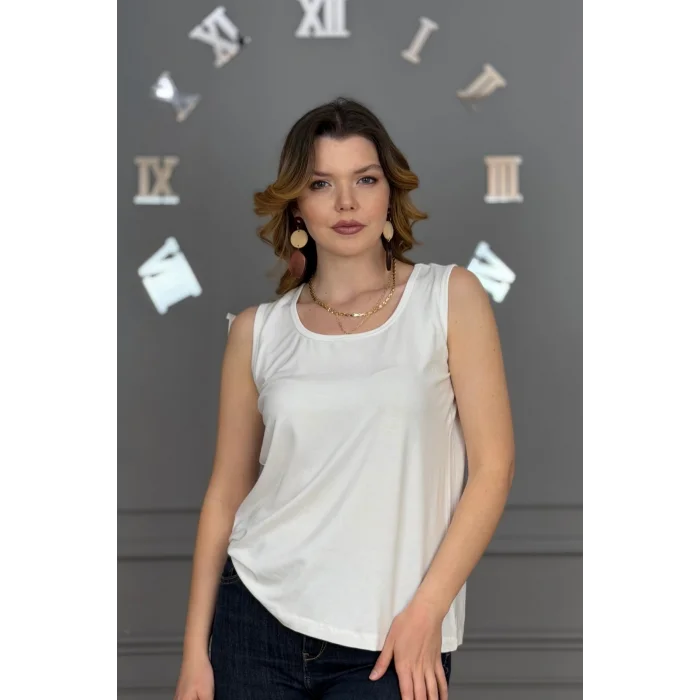 Kadın EKRU U Yaka Kalın Askılı Likralı Pamuk Viskon Penye Bluz.