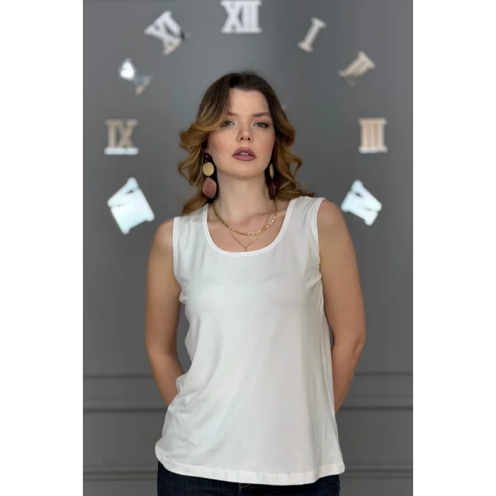 Kadın EKRU U Yaka Kalın Askılı Likralı Pamuk Viskon Penye Bluz.