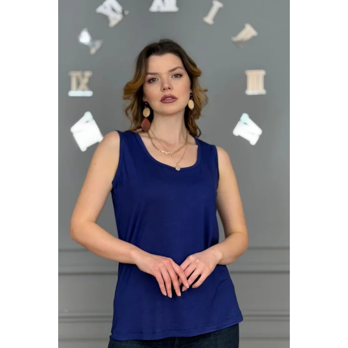 Kadın LACİVERT U Yaka Kalın Askılı Likralı Pamuk Viskon Penye Bluz.