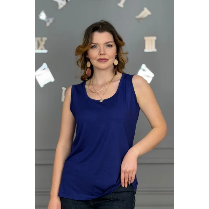 Kadın LACİVERT U Yaka Kalın Askılı Likralı Pamuk Viskon Penye Bluz.