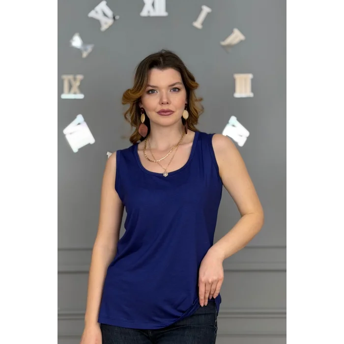 Kadın LACİVERT U Yaka Kalın Askılı Likralı Pamuk Viskon Penye Bluz.