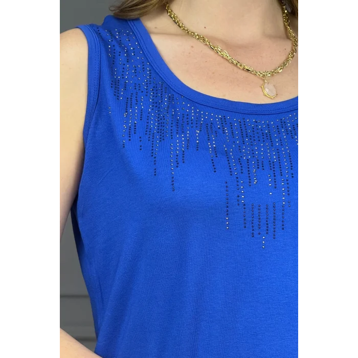 Kadın Mavi Bisiklet Yaka Büyük Beden Yakası Taş İşlemeli Likralı Buluz