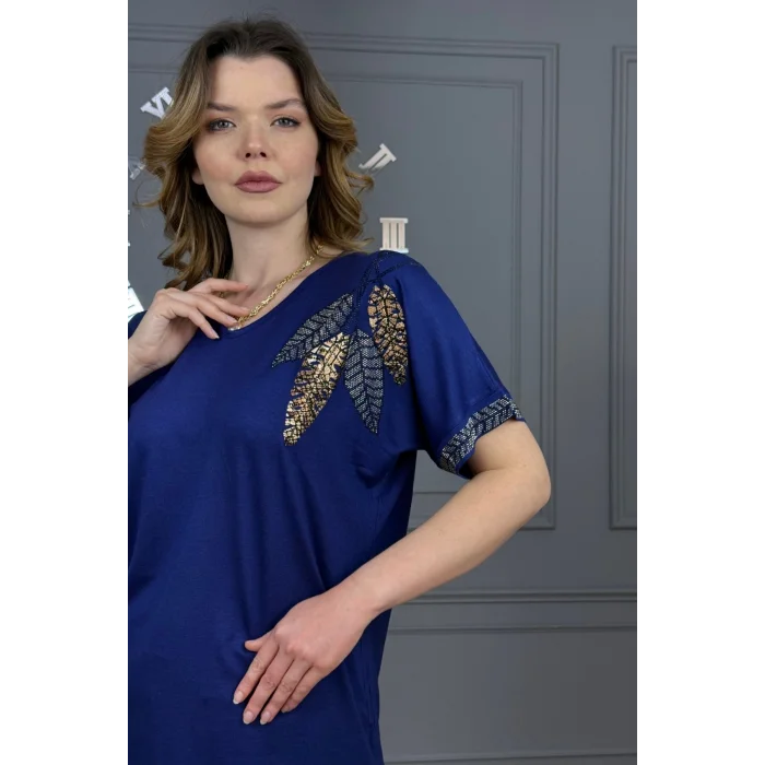 Kadın LACİVERT V Vaka Göğsü 3 Yaprak Kırıistal Taşlı Likralı Kısa Kol Bluz