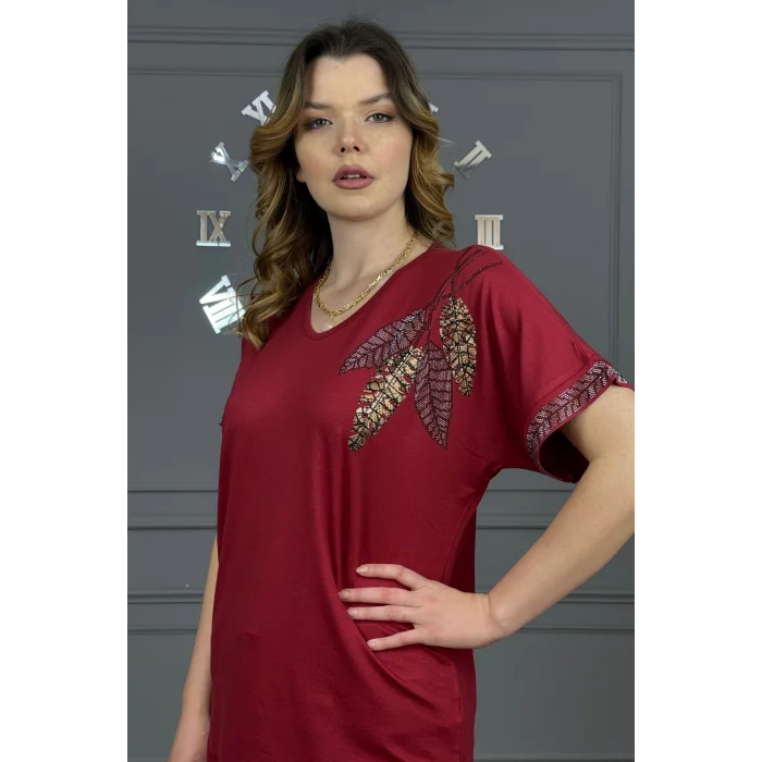 Kadın BORDO V Vaka Göğsü 3 Yaprak Kırıistal Taşlı Likralı Kısa Kol Bluz
