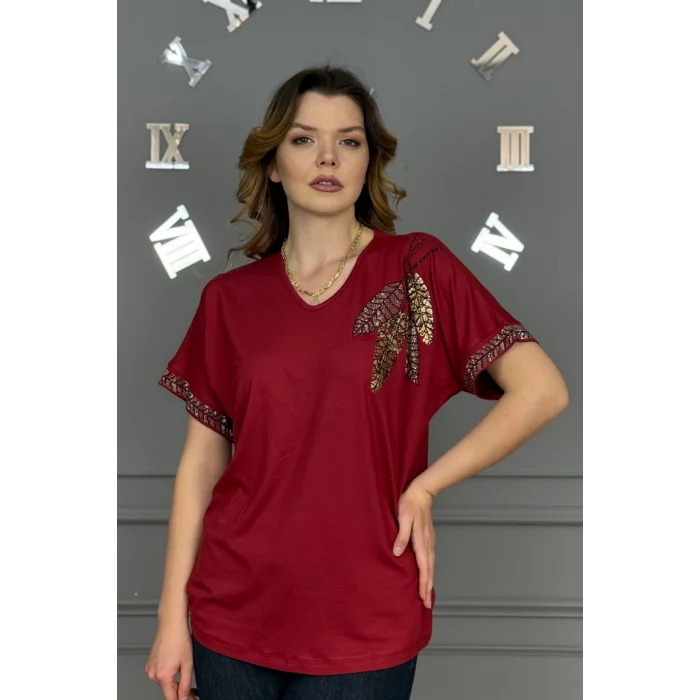 Kadın BORDO V Vaka Göğsü 3 Yaprak Kırıistal Taşlı Likralı Kısa Kol Bluz