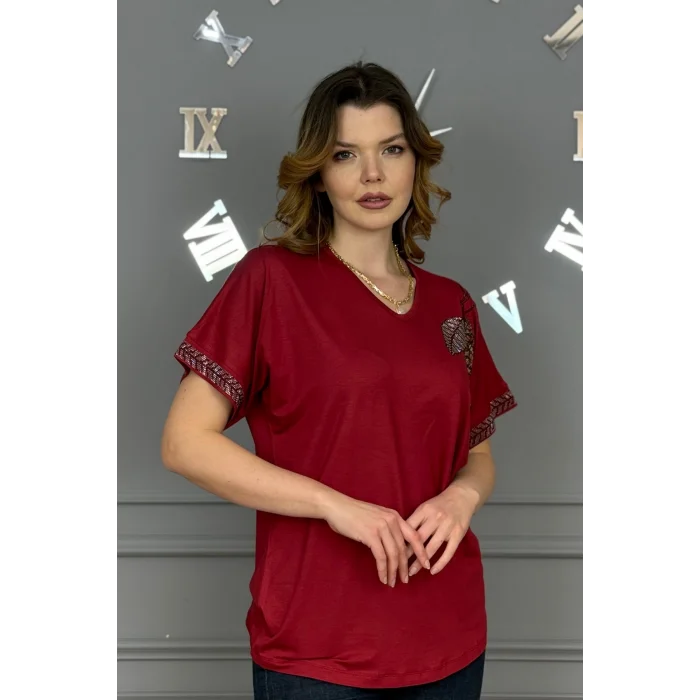 Kadın BORDO V Vaka Göğsü 3 Yaprak Kırıistal Taşlı Likralı Kısa Kol Bluz