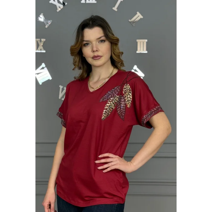 Kadın BORDO V Vaka Göğsü 3 Yaprak Kırıistal Taşlı Likralı Kısa Kol Bluz
