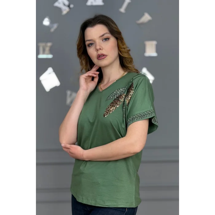 Kadın YEŞİL V Vaka Göğsü 3 Yaprak Kırıistal Taşlı Likralı Kısa Kol Bluz