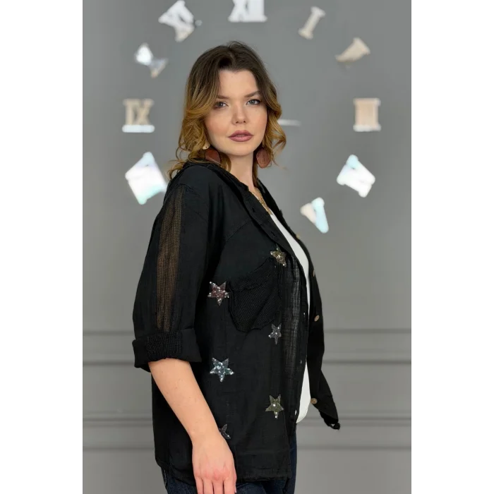 Kadın Siyah Organik Yıkamalı Keten Kumaş Arkası Pamuk Penye Kapüşonlu File Ve Yıldız Pul Nakışlı Gömlek Ceket