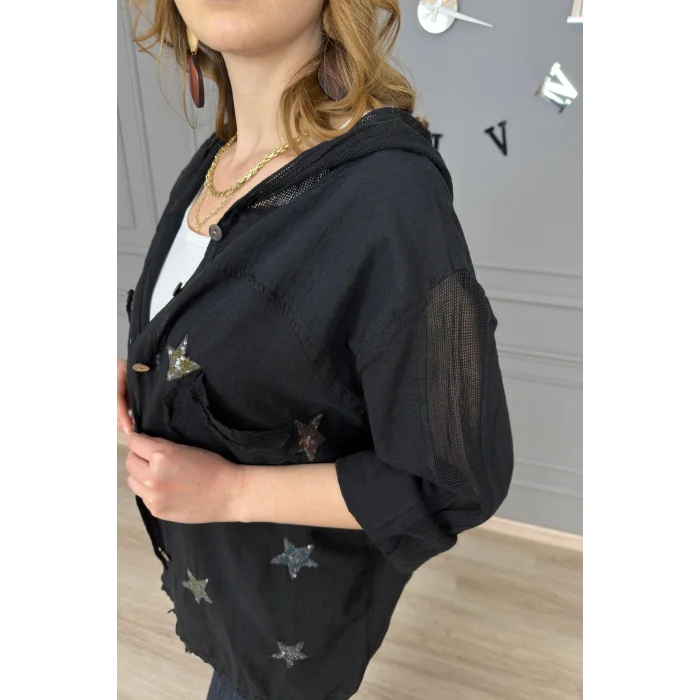 Kadın Siyah Organik Yıkamalı Keten Kumaş Arkası Pamuk Penye Kapüşonlu File Ve Yıldız Pul Nakışlı Gömlek Ceket