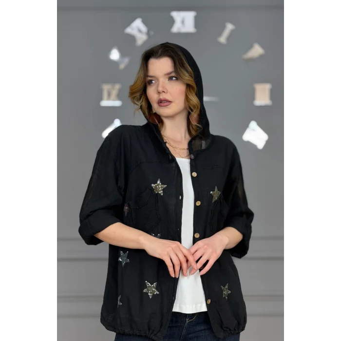 Kadın Siyah Organik Yıkamalı Keten Kumaş Arkası Pamuk Penye Kapüşonlu File Ve Yıldız Pul Nakışlı Gömlek Ceket