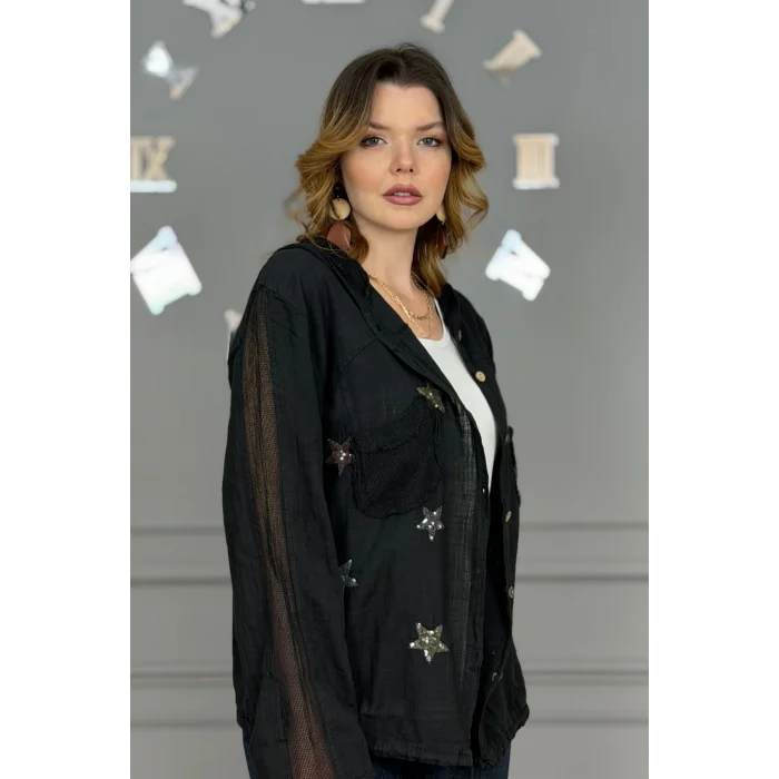 Kadın Siyah Organik Yıkamalı Keten Kumaş Arkası Pamuk Penye Kapüşonlu File Ve Yıldız Pul Nakışlı Gömlek Ceket