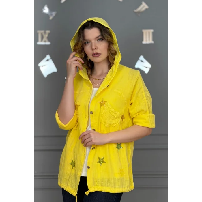 Kadın SARI Organik Yıkamalı Keten Kumaş Arkası Pamuk Penye Kapüşonlu File Ve Yıldız Pul Nakışlı Gömlek Ceket