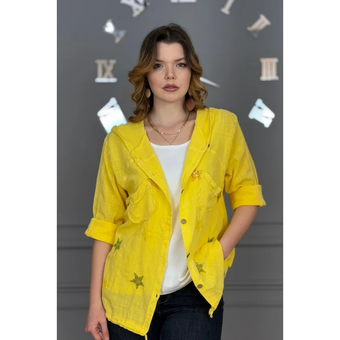 Kadın SARI Organik Yıkamalı Keten Kumaş Arkası Pamuk Penye Kapüşonlu File Ve Yıldız Pul Nakışlı Gömlek Ceket