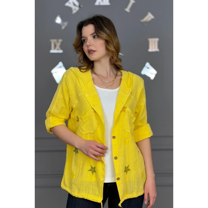 Kadın SARI Organik Yıkamalı Keten Kumaş Arkası Pamuk Penye Kapüşonlu File Ve Yıldız Pul Nakışlı Gömlek Ceket