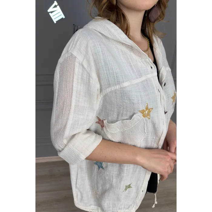 Kadın TAŞ RENGİ Organik Yıkamalı Keten Kumaş Arkası Pamuk Penye Kapüşonlu File Ve Yıldız Pul Nakışlı Gömlek Ceket