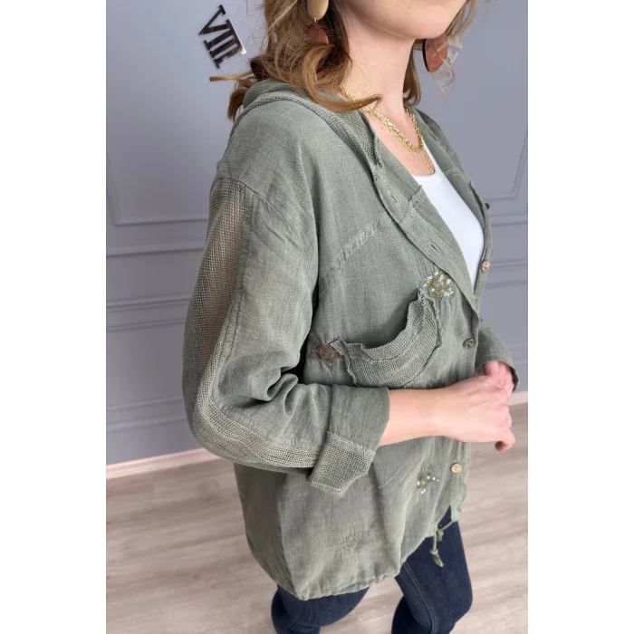 Kadın TAŞ RENGİ Organik Yıkamalı Keten Kumaş Arkası Pamuk Penye Kapüşonlu File Ve Yıldız Pul Nakışlı Gömlek Ceket