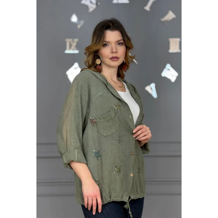 Kadın TAŞ RENGİ Organik Yıkamalı Keten Kumaş Arkası Pamuk Penye Kapüşonlu File Ve Yıldız Pul Nakışlı Gömlek Ceket