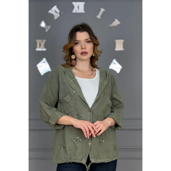 Kadın TAŞ RENGİ Organik Yıkamalı Keten Kumaş Arkası Pamuk Penye Kapüşonlu File Ve Yıldız Pul Nakışlı Gömlek Ceket