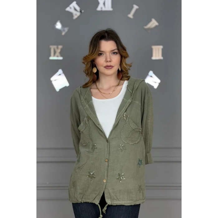Kadın TAŞ RENGİ Organik Yıkamalı Keten Kumaş Arkası Pamuk Penye Kapüşonlu File Ve Yıldız Pul Nakışlı Gömlek Ceket