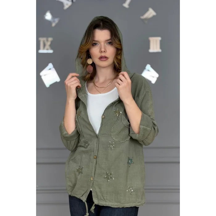 Kadın TAŞ RENGİ Organik Yıkamalı Keten Kumaş Arkası Pamuk Penye Kapüşonlu File Ve Yıldız Pul Nakışlı Gömlek Ceket