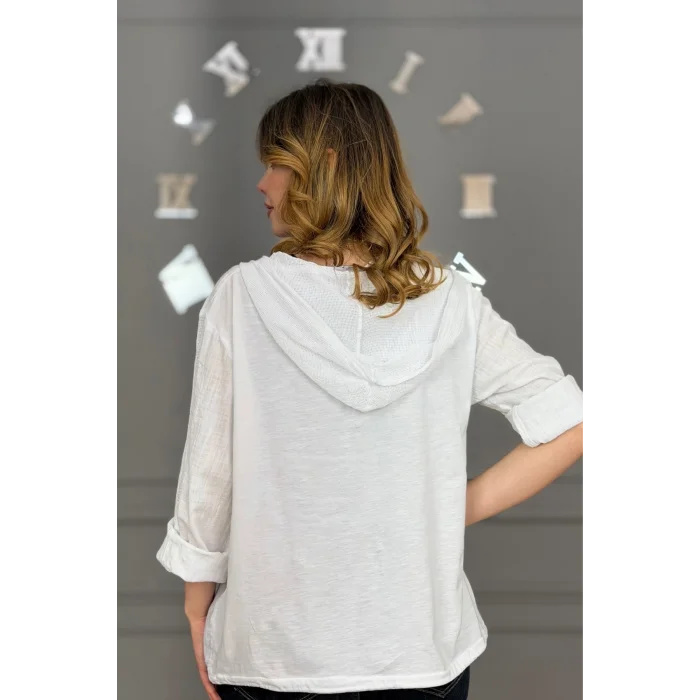 Kadın BEYAZ Organik Yıkamalı Keten Kumaş Arkası Pamuk Penye Kapüşonlu File Ve Yıldız Pul Nakışlı Gömlek Ceket