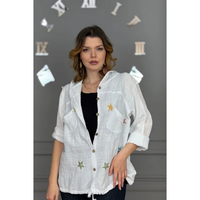 Kadın BEYAZ Organik Yıkamalı Keten Kumaş Arkası Pamuk Penye Kapüşonlu File Ve Yıldız Pul Nakışlı Gömlek Ceket